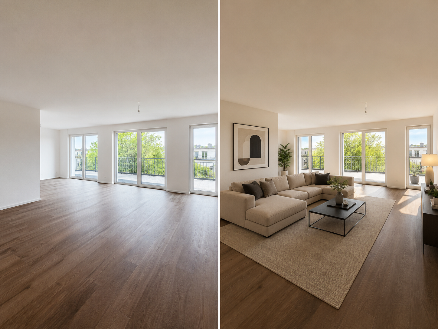 Vorher-Nachher-Beispiel für virtuelles Home Staging einer Immobilie